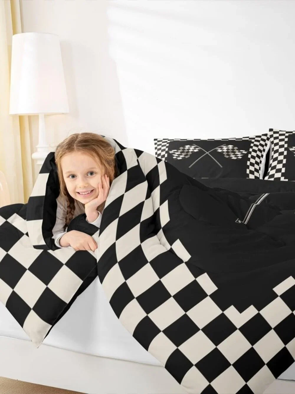 Black White Flag Full Size Comforter Set Geometric Grid Bedding Set for Kids Adu
